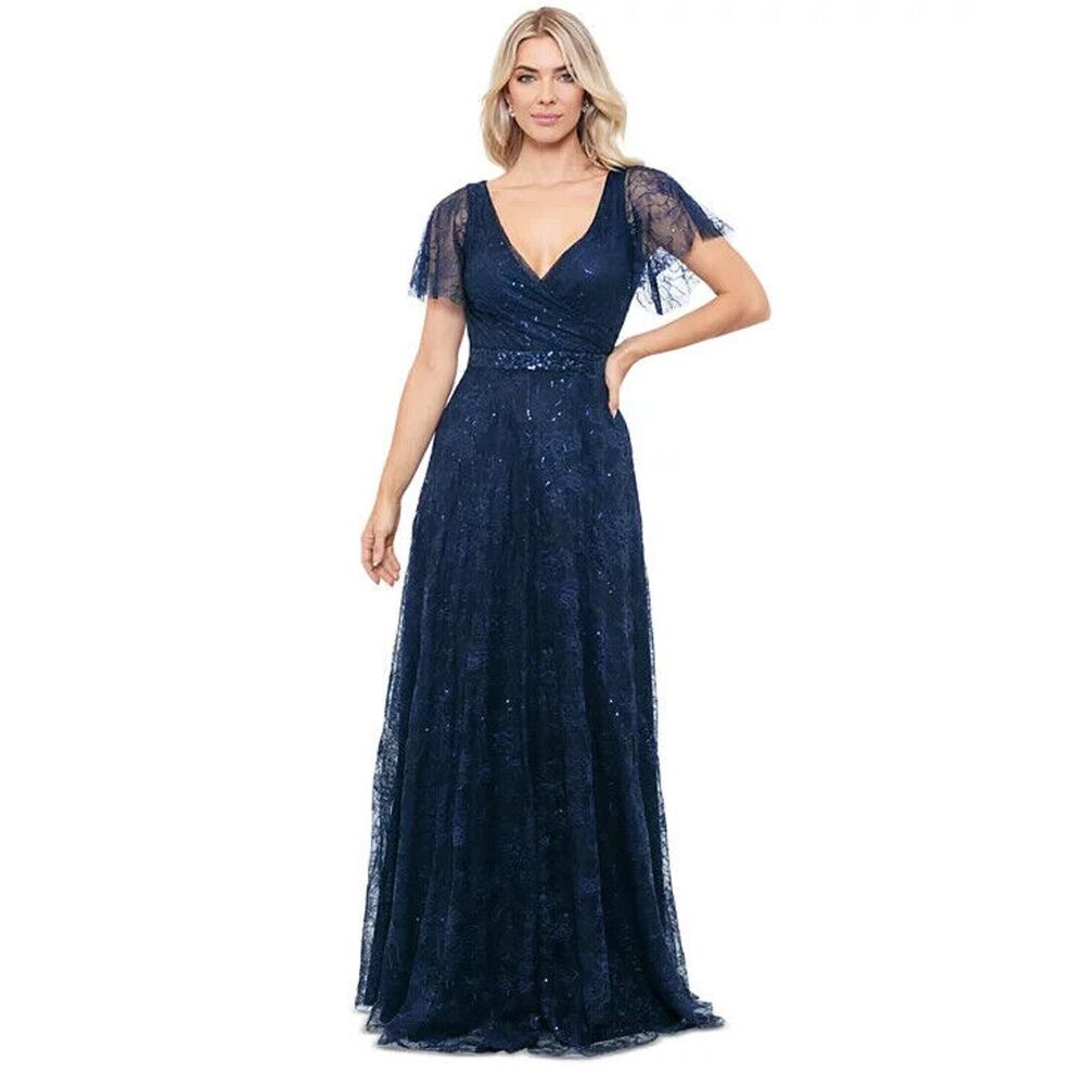 Betsy & AdamWomen's V-Neck Short-Sleeve Sequined Lace Dress - Navy - Size 10